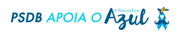 Logo abaixo, vemos o título: PSDB (em azul escuro) apoia o (azul claro) #NovembroAzul (marca com letra como se fosse escrita à mão). Ao lado, vemos o laço azul símbolo da campanha com um bigode no centro. Acima do símbolo, vemos o tucano do PSDB com um bigode no bico.
