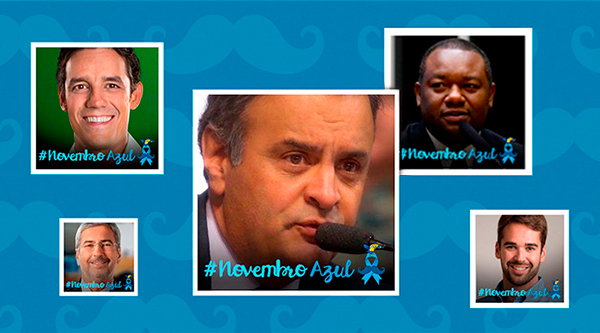 Abaixo, vemos fotos de lideranças tucanas (Daniel Coelho, Antonio Imbassahy, Aécio Neves, Antonio Imbassahy, Juvenal Araújo e Eduardo Leite) com o avatar da campanha. As fotos estão sobre um fundo azul escuro com texturas do bigode da campanha.